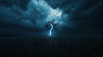 Dark Swirling Storm Over Open Countryside with Lightning Striking a Lone Tree Under Cloudy Sky
