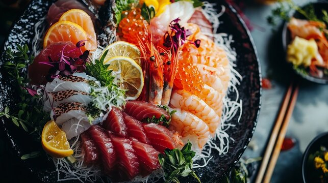 Halal Sashimi arranged beautifully under bright studio lighting, with focus on the halal certification and quality of the fresh seafood