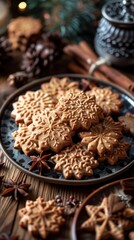 Fototapeta premium There are cookies on a plate with cinnamons and star anise, food background, christmas background, vertical background