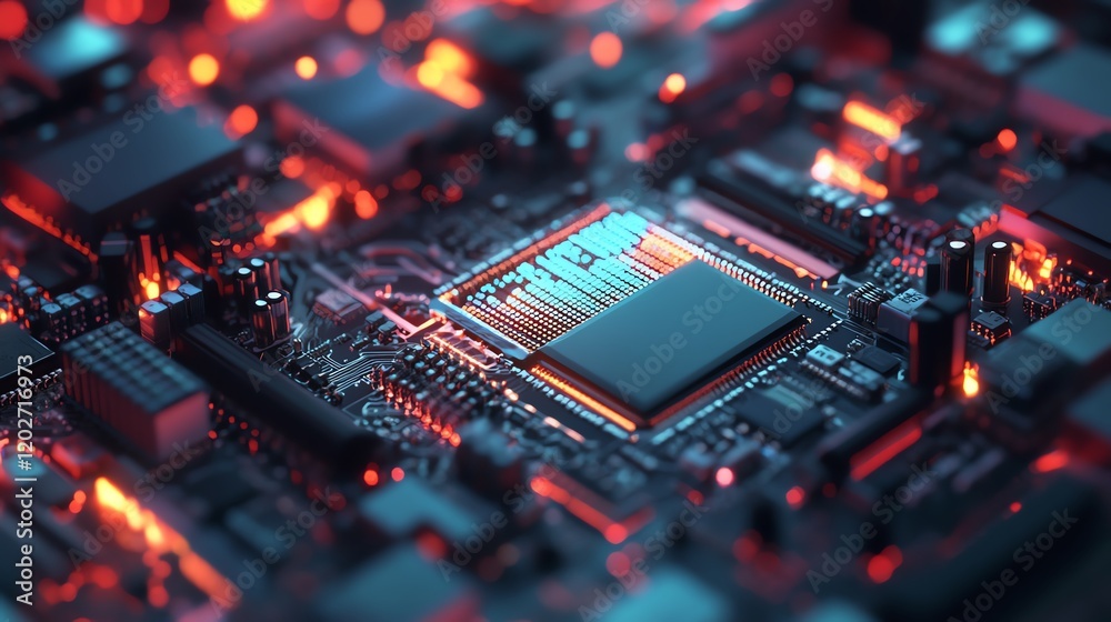 Poster futuristic microprocessor and circuit board glowing with red and blue lights in a high-tech environm