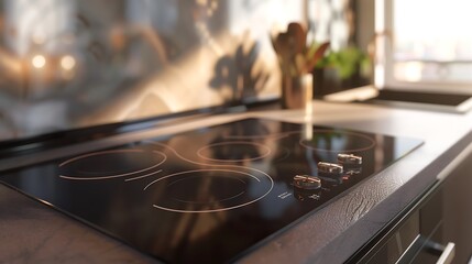 Obraz premium Interior of a blurred kitchen with modern electric stove, induction cook top. Closeup