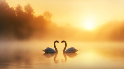 Fototapeta premium Two elegant swans gracefully gliding on tranquil water, a serene nature scene two