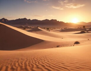 A breathtaking panorama of a desert sunset unfolds against a backdrop of endless sand dunes and rocky outcroppings , sunset, dunes, desert