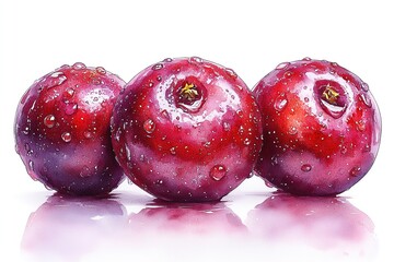 Obraz premium Three shiny red plums with water droplets on a reflective surface.
