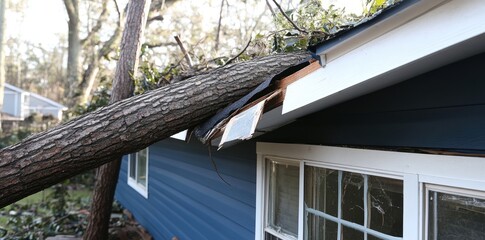 House with fallen tree - windstorm effect, severe weather, cyclone aftermath, roof restoration, property insurance claim, arborist services, disaster relief, structural recovery, weather cleanup, .