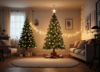 A Christmas tree lit up with fairy lights and ornaments in a cozy room , festive decor, ornaments