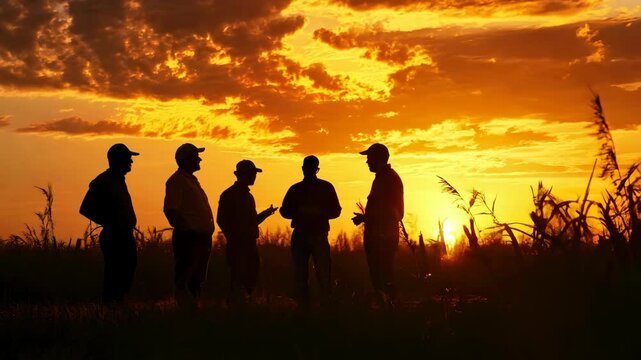 Silhouette of Farmers in Discussion at Sunset in Field Agriculture Insights