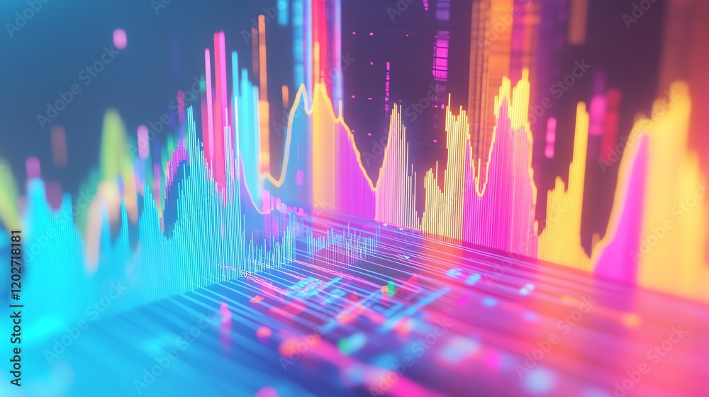 Poster colorful waveform visualization representing sound or data analytics in a digital environment