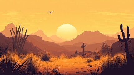 Desert Sunset Landscape With Cacti And Mountains