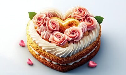 Heart-shaped cake decorated with pink roses and cream.