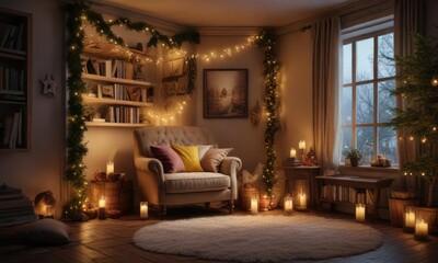 A cozy reading nook with festive decorations and soft lighting, library, seasonal