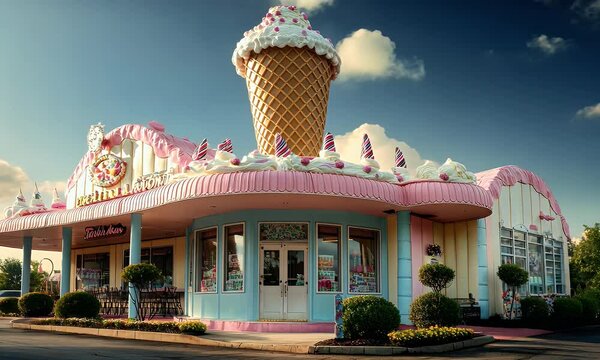 Giant ice cream cone shop, sunny day, roadside, whimsical architecture, food advertising