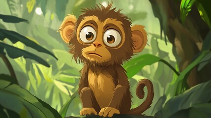 Cute cartoon monkey sitting in jungle.