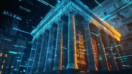 Digital Representation of a Historic Building Illuminated at Night With Vibrant Blue and Orange Lights in a Technological Urban Setting