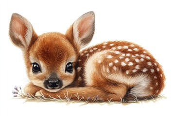 Obraz premium A cute, realistic illustration of a resting fawn with large eyes and spotted fur.