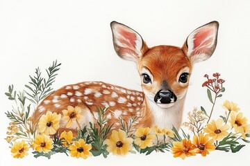 A charming illustration of a fawn surrounded by vibrant flowers and greenery.