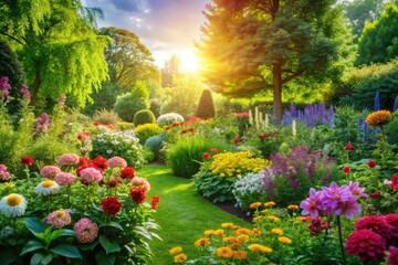 Obraz premium A lush green garden with vibrant flowers blooming in the sunlight, nature, plant growth, foliage