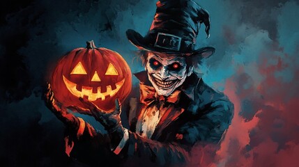 Grinning monster in a top hat holds a jack-o'-lantern.