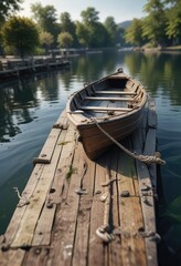 Naklejka premium A miniature rowing boat moored to a floating dock with an anchor , float, anchored