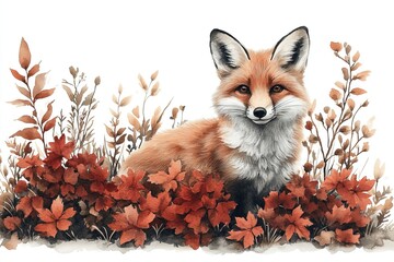 Obraz premium A serene fox surrounded by autumn foliage and plants, showcasing nature's beauty.