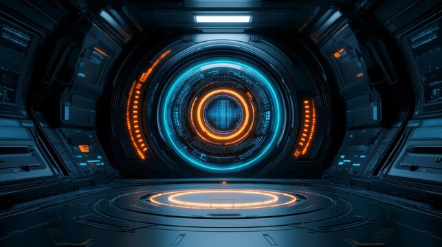 A futuristic spaceship with circular bright light, journey through the vast expanse of space - Powered by Adobe