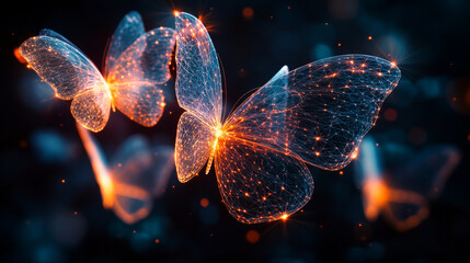 Butterflies glowing with vibrant light patterns in a dark background