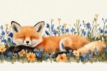 Obraz premium A serene illustration of a sleeping fox surrounded by colorful flowers in a peaceful setting.
