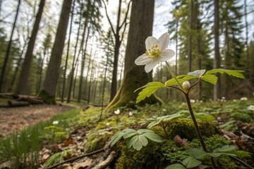 A photo of a flower blooming in a forest, plants, blossoming, petals, forest life