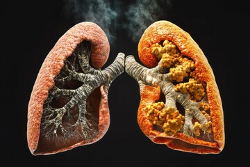 Detailed view of healthy and unhealthy human lungs showing effects of disease and pollution. Generative AI
