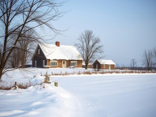 A snow-covered farmhouse on a cold winter afternoon in the countryside with snowdrifts and bare branches, frosty windows, cold weather, rural scenery