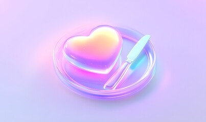 Fototapeta premium Iridescent heart-shaped dessert on plate with knife.