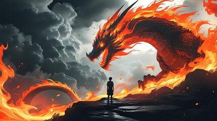 Epic confrontation between a fearless child and a fiery dragon amidst glowing flames and dark clouds, symbolizing courage, fantasy, and the power of imagination in a mystical landscape

