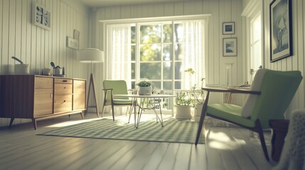 Sunlit living room with mid-century modern furniture, green accents, and striped rug.