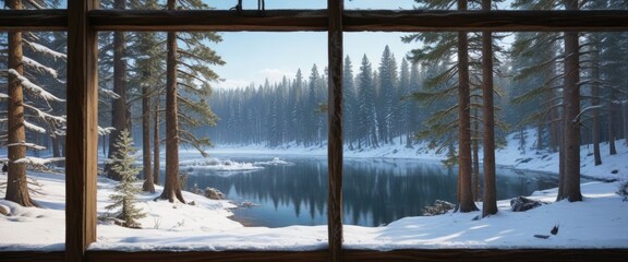 A cabin window with a view of the snowy pine forest and frozen lake, cabin window, frozen lake