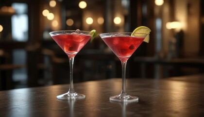 A chilled glass filled with a cosmopolitan cocktail on a dimly lit table, minimalist decor, intimate atmosphere, pink background