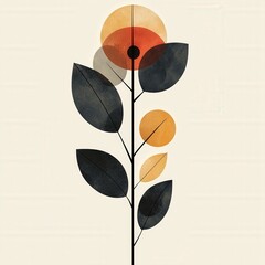 Abstract botanical art featuring dark leaves and warm-toned circles. Ideal for minimalist wall art, posters, or social media graphics.