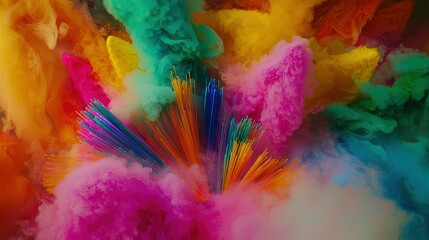   A vast amount of colorful smoke envelops a rainbow-hued cloud, giving the impression of multicolored smoke
