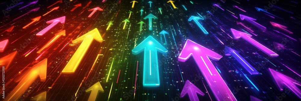Poster colorful arrows moving upwards in a vibrant digital background representing progress and growth. gen