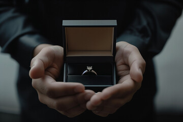 Engagement Ring Box in a Romantic Proposal to Represent Love, Commitment, and Marriage Between a Loving Couple