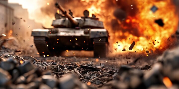 war zone with vehicles in battle in nondescript location not meant to represent any particular conflict