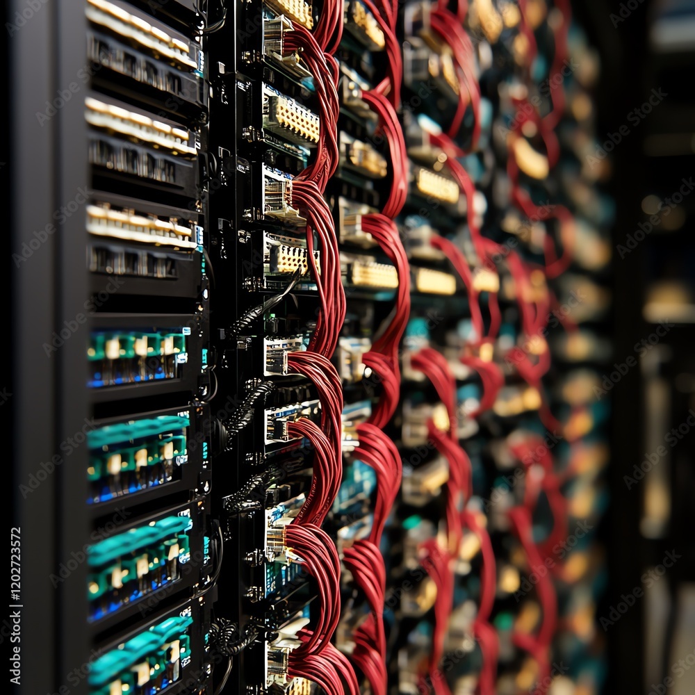 Poster high-tech server equipment with intricate wiring arranged in rows in a data center setting