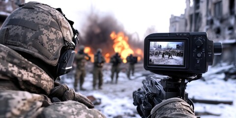 tv broadcast crew at war zone 