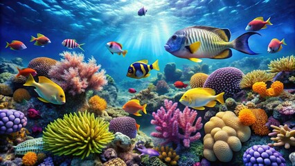 A coral reef teeming with marine life including parrotfish, butterflyfish, and angelfish, fish behavior, butterflyfish, ocean ecosystem