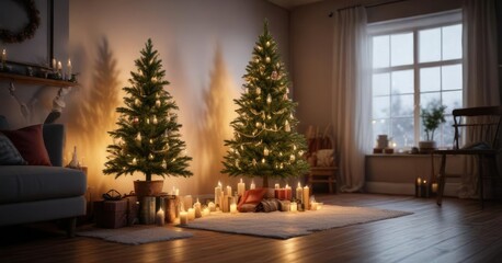 A cozy and inviting Christmas tree decorated with candles and fairy lights, snug atmosphere, soft glow, fairy lights
