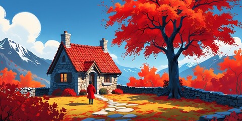 Enchanting autumn cottage surrounded by vibrant red and orange foliage, nestled beneath a majestic tree with a scenic mountain view, a perfect escape for nature lovers seeking peace and tranquility

