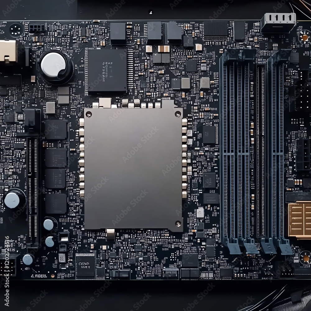 Poster detailed view of a modern computer motherboard showing circuits and components for advanced computin