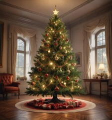A majestic Christmas tree with intricate branches and ornaments in a beautifully lit room, winter wonderland, festive