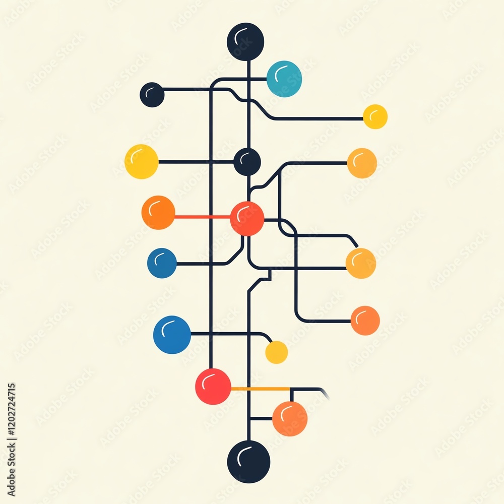 Poster colorful abstract design featuring interconnected nodes and lines representing a network or circuit