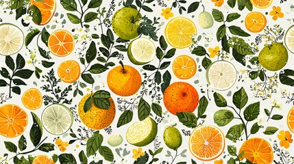 Seamless pattern of citrus fruits, leaves, and flowers.