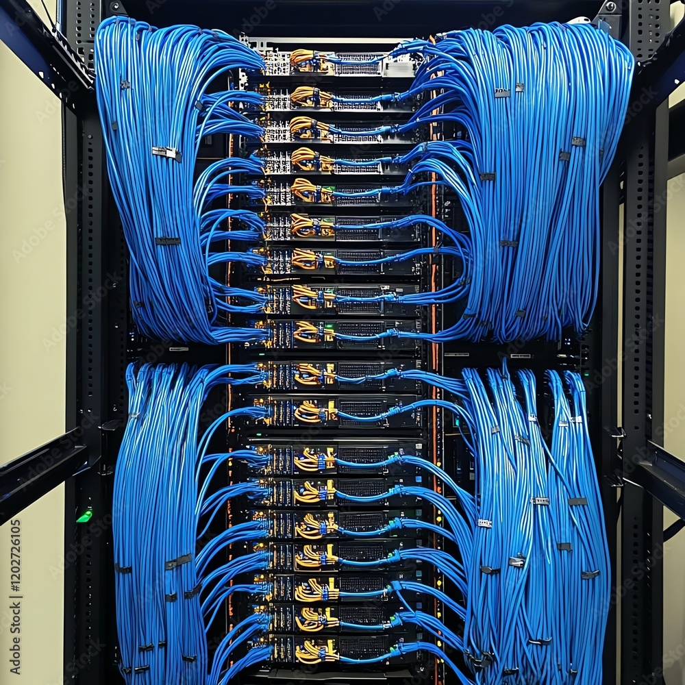 Poster data center filled with network cables and servers organized in neat rows for efficient connectivity